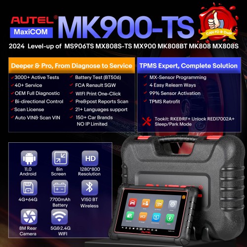 Autel MaxiCOM MK900TS MK900-TS Wireless TPMS Diagnostic Scanner with Android 11 Support DoIP/CAN FD Protocols and 40+ Services Upgraded of MK808TS